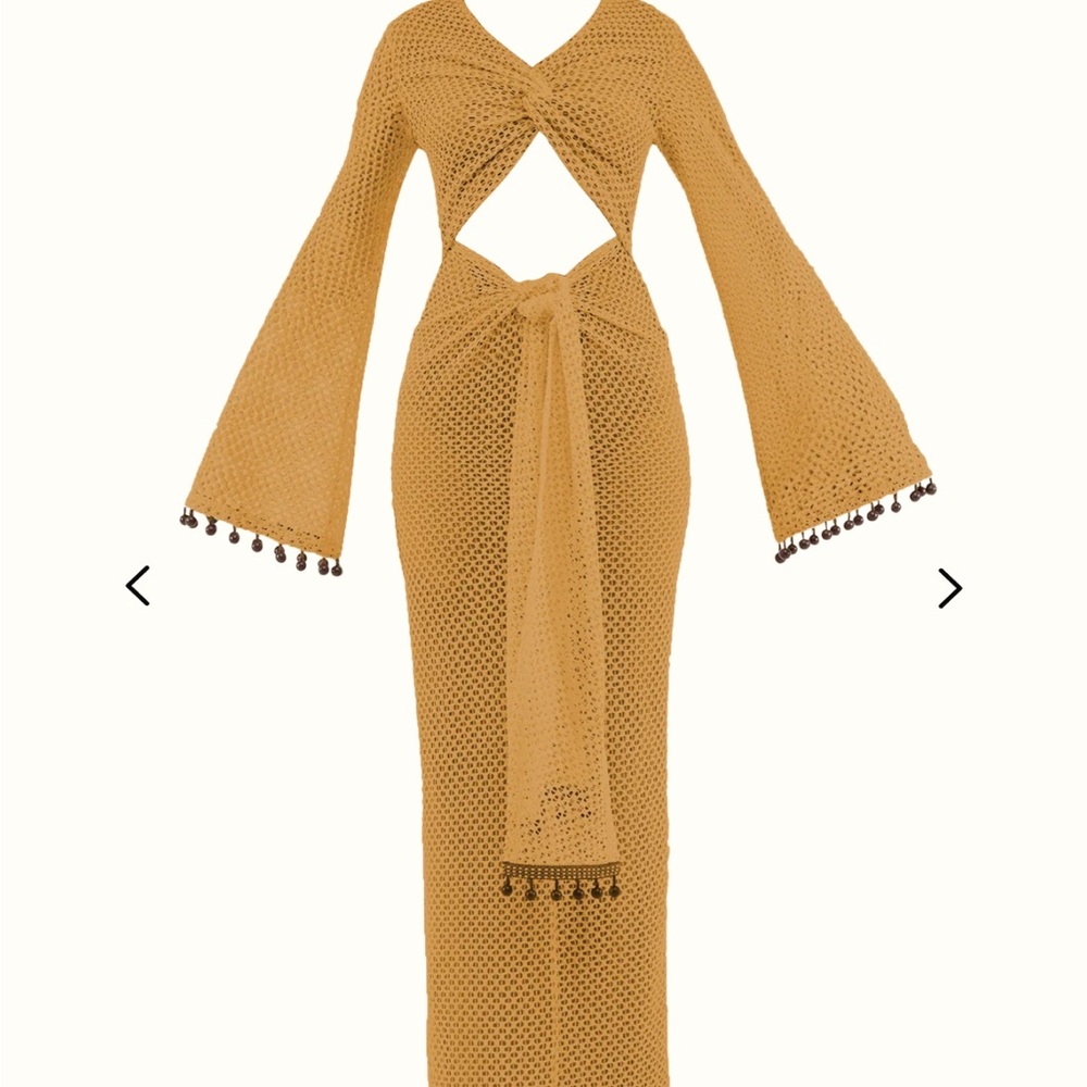 Andrea Iyamah Mustard Long Sleeve Crochet Dress